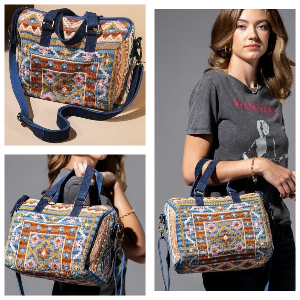 Handmade Boho Chic Satchel / Boston Bag - Navajo Aztec Inspired Design